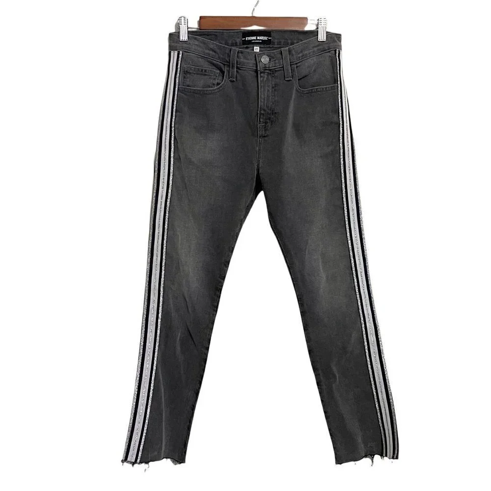 Etienne Marcel Womens Gray Hi Rise Raw Hem Athletic Strip Slim Straight Jeans 27